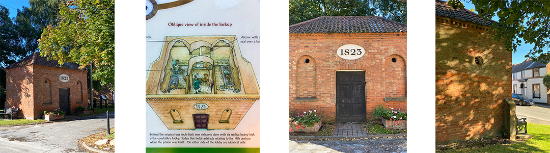 A photo-montage of the Tuxford lockup, a square, brick building with a tiled roof and a plaque with the date 1823