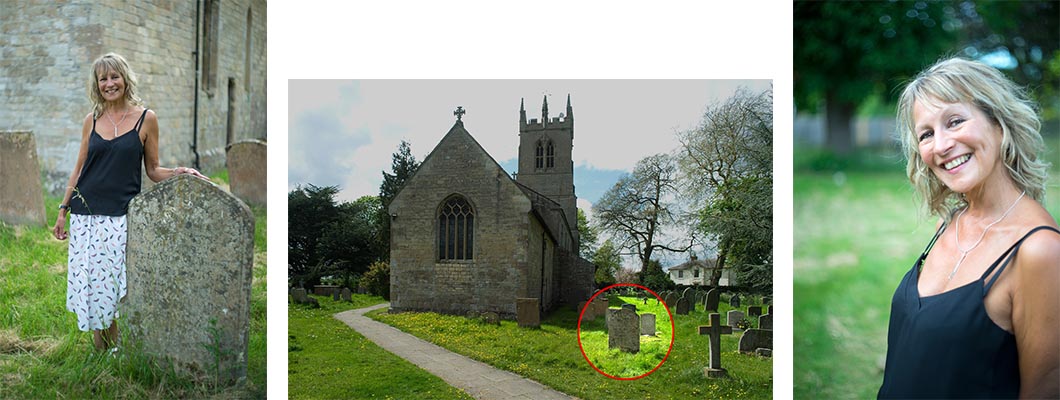 L-R Emmaline Severn with Elizabeth Parker's gravestone | Holy Trinity Church, Rolleston | Emmaline Severn, distant relation of Elizabeth Parker