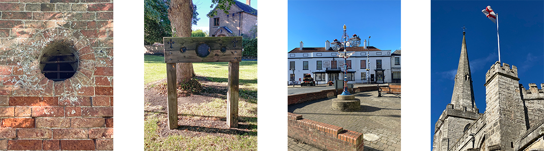 Photos of Tuxford including on of the lockup's circular, barred windows; the stocks; the town centre; and St Nicholas' church